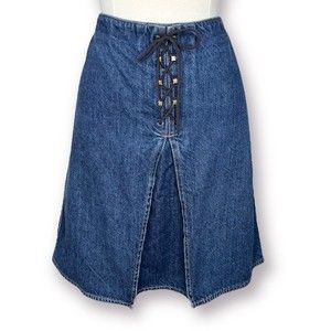 Vintage 90s Y2K Lace Up Denim Skirt i.e. A-Line Mini Chambray Front Pleat